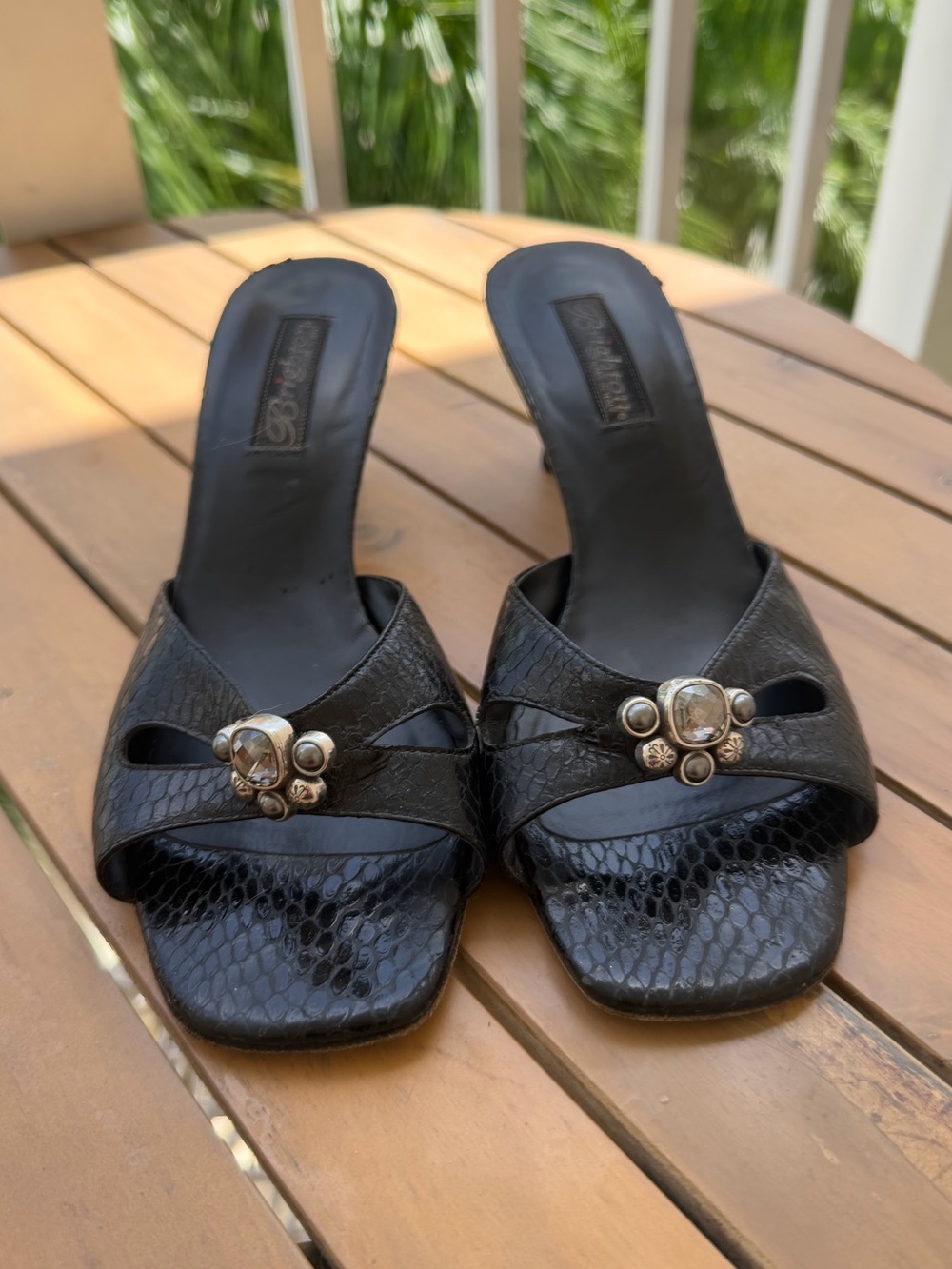 Vintage Black Snakeskin Slip-On Mules with Decorative Medallions